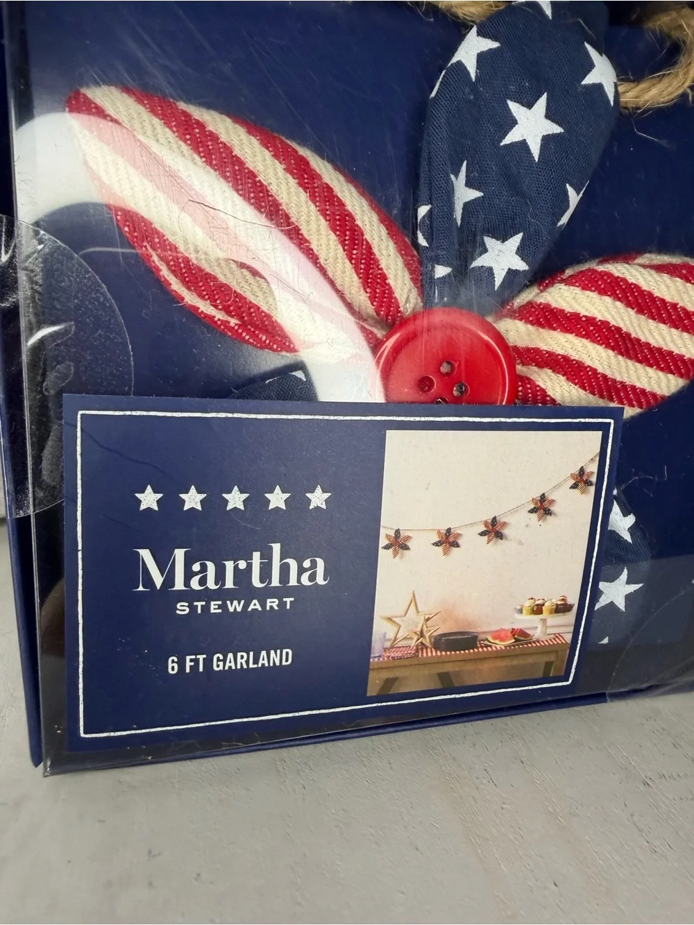 Martha Stewart Patriotic Fabric Star Garland in Red, White & Navy 6ft